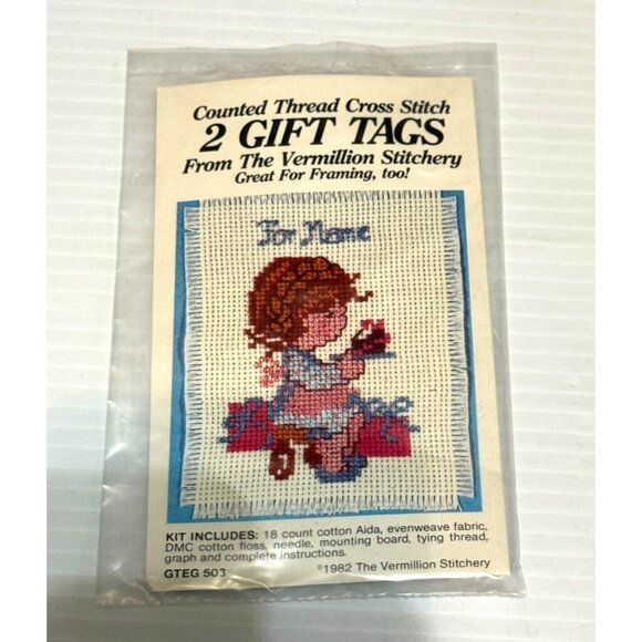 NEW Vermillion Stitchery 2 Gift Tags Cross Stitch Kit Little Girl GTEG503 - Picture 1 of 2